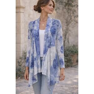 INC Blue Floral Cardigan L Lightweight Open Front Layering Piece SZL